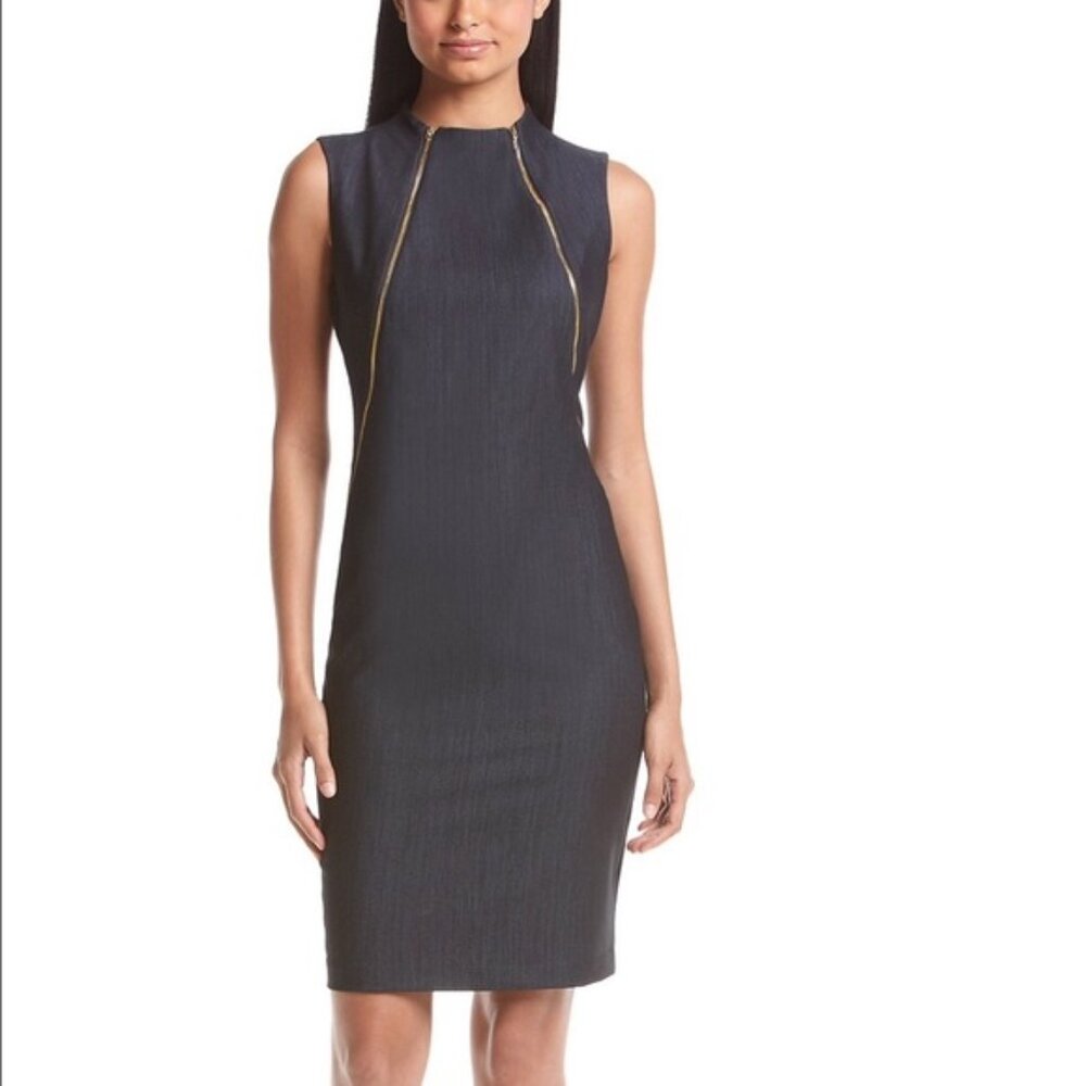 Calvin Klein blue sleeveless sheath dress | Size 12 | Gold accent zippers | EUC